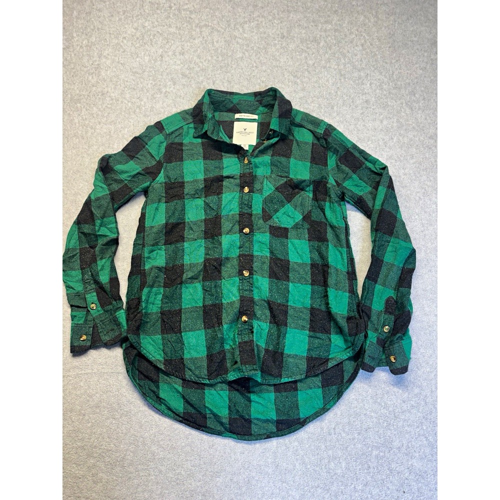 American Eagle Outfitters Womens 2XS Boyfriend Plaid Flannel Button-Up Shirt